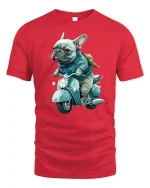 Cool French Bulldog Riding Scooter Funny Art Graphic T Shirt - red t-shirt on white background