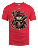 Dark Skull Snake And Dagger Rose Tattoo Art Graphic T Shirt - red t-shirt on white background