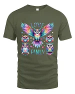Love Family Colorful Owl Art Heartwarming Graphic T Shirt - military green t-shirt on white background