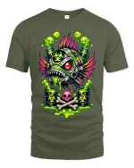 Toxic Punk Piranha Biohazard Monster Art Graphic T Shirt - military green t-shirt on white background