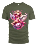 Disco Cupid Angel With Wine Glass Glam Art Graphic T Shirt - military green t-shirt on white background