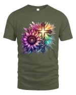 Colorful Faith Cross And Sunflower Art Graphic T Shirt Tee - military green t-shirt on white background