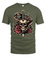 Dark Skull Snake And Dagger Rose Tattoo Art Graphic T Shirt - military green t-shirt on white background