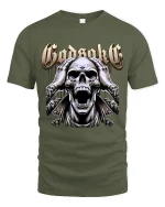Godsake Screaming Skull Heavy Metal Dark Art Graphic T Shirt - military green t-shirt on white background