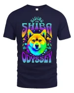 Riding The Shiba Odyssey Psychedelic Dog Art Graphic T Shirt - navy t-shirt on white background
