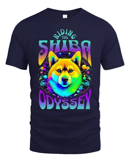 Riding The Shiba Odyssey Psychedelic Dog Art Graphic T Shirt - navy t-shirt on white background