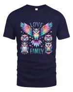 Love Family Colorful Owl Art Heartwarming Graphic T Shirt - navy t-shirt on white background