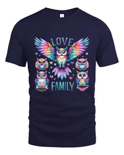 Love Family Colorful Owl Art Heartwarming Graphic T Shirt - navy t-shirt on white background