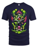 Toxic Punk Piranha Biohazard Monster Art Graphic T Shirt - navy t-shirt on white background