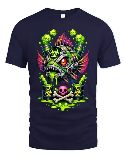 Toxic Punk Piranha Biohazard Monster Art Graphic T Shirt - navy t-shirt on white background