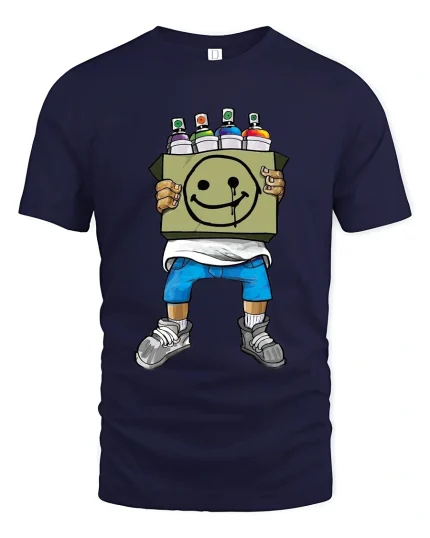 Graffiti Smiley Spray Can Street Artist Cartoon Graphic T Shirt - navy t-shirt on white background