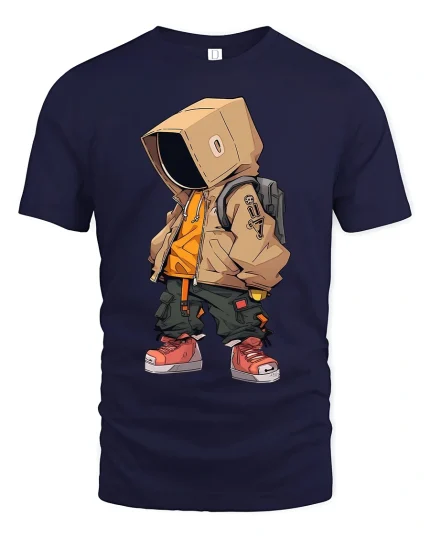 Urban Hoodie Robot Street Style Cartoon Art Graphic T Shirt - navy t-shirt on white background