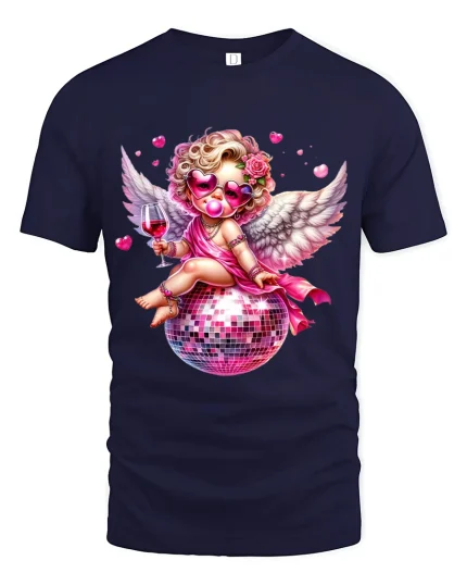 Disco Cupid Angel With Wine Glass Glam Art Graphic T Shirt - navy t-shirt on white background
