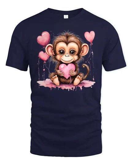 Cute Baby Monkey Holding Heart Love Art Graphic T Shirt - navy t-shirt on white background