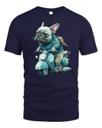Cool French Bulldog Riding Scooter Funny Art Graphic T Shirt - navy t-shirt on white background