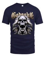 Godsake Screaming Skull Heavy Metal Dark Art Graphic T Shirt - navy t-shirt on white background