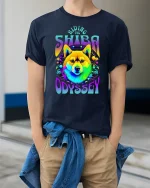 Riding The Shiba Odyssey Psychedelic Dog Art Graphic T Shirt - model wearing navy tee with hands in pockets