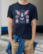 Love Family Colorful Owl Art Heartwarming Graphic T Shirt - model wearing navy tee with hands in pockets