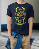 Toxic Punk Piranha Biohazard Monster Art Graphic T Shirt - model wearing navy tee with hands in pockets