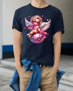 Disco Cupid Angel With Wine Glass Glam Art Graphic T Shirt - model wearing navy tee with hands in pockets