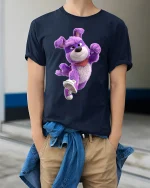 Funny Purple Dancing Dog Cartoon Street Style Graphic T Shirt - model wearing navy tee with hands in pockets
