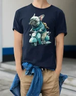 Cool French Bulldog Riding Scooter Funny Art Graphic T Shirt - model wearing navy tee with hands in pockets