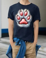 Cute Furry Paw Print Heart Shape Animal Lover Graphic T Shirt - model wearing navy tee with hands in pockets