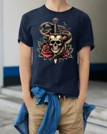 Dark Skull Snake And Dagger Rose Tattoo Art Graphic T Shirt - model wearing navy tee with hands in pockets