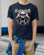 Godsake Screaming Skull Heavy Metal Dark Art Graphic T Shirt - model wearing navy tee with hands in pockets