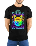 Riding The Shiba Odyssey Psychedelic Dog Art Graphic T Shirt - model wearing black tee with hands behind back