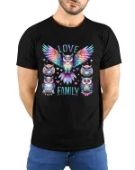 Love Family Colorful Owl Art Heartwarming Graphic T Shirt - model wearing black tee with hands behind back