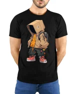 Urban Hoodie Robot Street Style Cartoon Art Graphic T Shirt - model wearing black tee with hands behind back