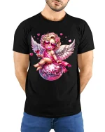 Disco Cupid Angel With Wine Glass Glam Art Graphic T Shirt - model wearing black tee with hands behind back