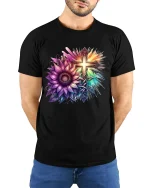 Colorful Faith Cross And Sunflower Art Graphic T Shirt Tee - model wearing black tee with hands behind back