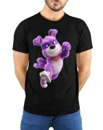 Funny Purple Dancing Dog Cartoon Street Style Graphic T Shirt - model wearing black tee with hands behind back