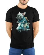 Cool French Bulldog Riding Scooter Funny Art Graphic T Shirt - model wearing black tee with hands behind back
