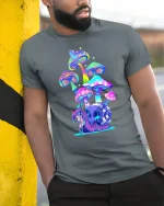 Psychedelic Snail And Magic Mushrooms Trippy Art Graphic T Shirt - model wearing grey tee, leaning on column