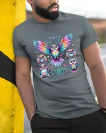 Love Family Colorful Owl Art Heartwarming Graphic T Shirt - model wearing grey tee, leaning on column