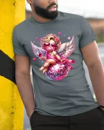 Disco Cupid Angel With Wine Glass Glam Art Graphic T Shirt - model wearing grey tee, leaning on column