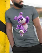 Funny Purple Dancing Dog Cartoon Street Style Graphic T Shirt - model wearing grey tee, leaning on column