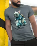 Cool French Bulldog Riding Scooter Funny Art Graphic T Shirt - model wearing grey tee, leaning on column