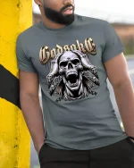 Godsake Screaming Skull Heavy Metal Dark Art Graphic T Shirt - model wearing grey tee, leaning on column