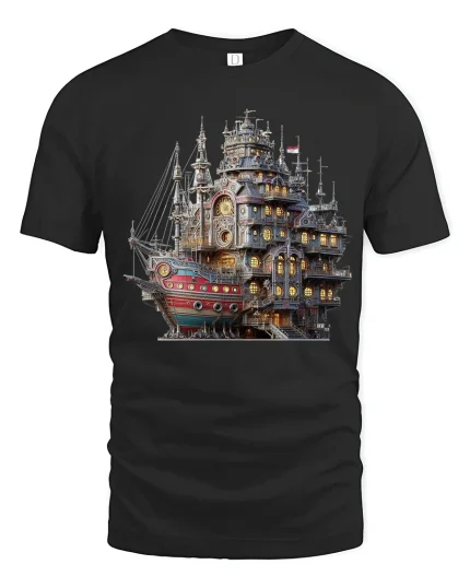 Steampunk Fantasy Ship Castle Adventure Art Graphic T Shirt - black t-shirt on white background