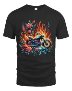 Flaming Motorcycle Rose Art Biker Fantasy Illustration T Shirt - black t-shirt on white background
