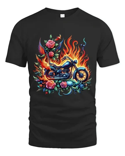 Flaming Motorcycle Rose Art Biker Fantasy Illustration T Shirt - black t-shirt on white background