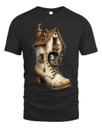 Whimsical Boot House Fairy Tale Fantasy Illustration T Shirt - black t-shirt on white background