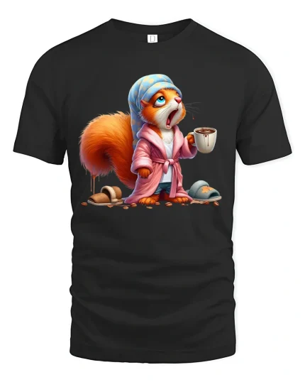 Sleepy Coffee Squirrel Morning Mood Funny Illustration T Shirt - black t-shirt on white background