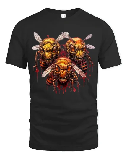 Savage Skull Bees Dark Fantasy Horror Illustration Graphic T Shirt - black t-shirt on white background