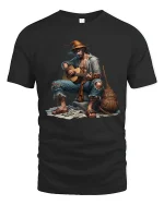 Wandering Guitar Player Street Music Illustration Graphic T Shirt - black t-shirt on white background