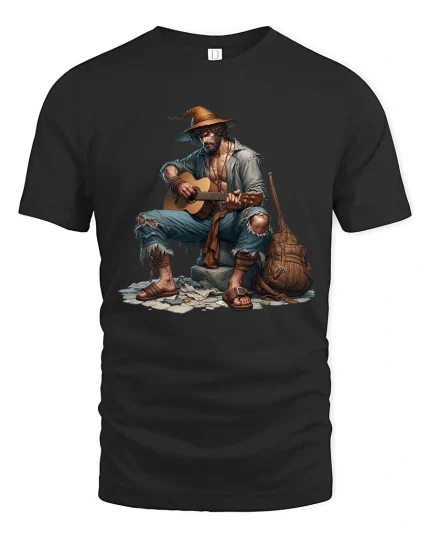 Wandering Guitar Player Street Music Illustration Graphic T Shirt - black t-shirt on white background